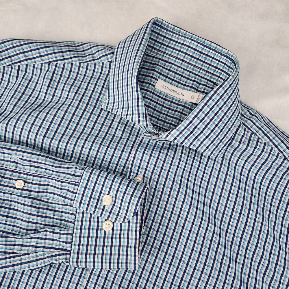 J.LINDEBERG Men’s Cotton Dress Shirt Blue Gingham Check Button Down Shirt  41/16